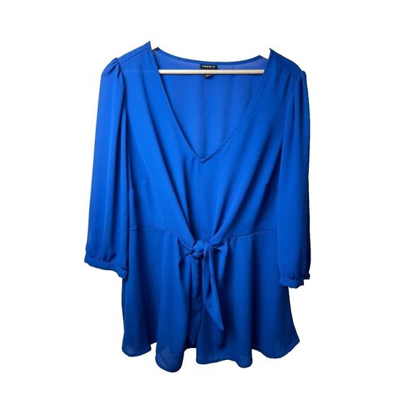 Torrid Blue Tie Front Top Women’s Size 1 Blouse 3/4 Sleeve V-Neck - Picture 1 of 4